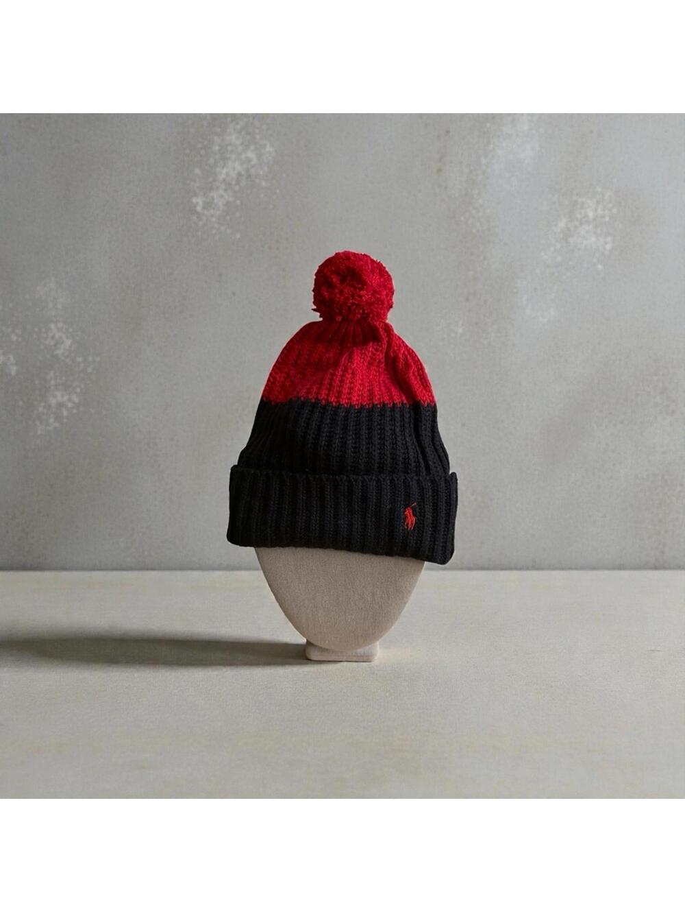 Polo Ralph Lauren Navy and Red knit beanie hat w pom pom and logo. NWOT